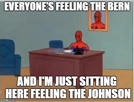 Spiderman Computer Desk Meme | EVERYONE'S FEELING THE BERN; AND I'M JUST SITTING HERE FEELING THE JOHNSON | image tagged in memes,spiderman computer desk,spiderman,Libertarian | made w/ Imgflip meme maker