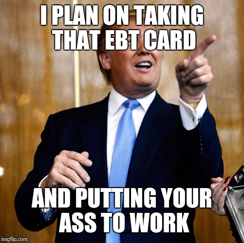 Donald Trump | I PLAN ON TAKING THAT EBT CARD; AND PUTTING YOUR ASS TO WORK | image tagged in donald trump | made w/ Imgflip meme maker