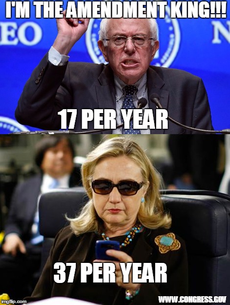 I created this meme to correct a common misconception. My source is www.congress.gov. | I'M THE AMENDMENT KING!!! 17 PER YEAR; 37 PER YEAR; WWW.CONGRESS.GOV | image tagged in bernie sanders,hillary clinton | made w/ Imgflip meme maker