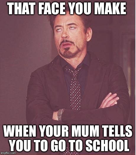 Face You Make Robert Downey Jr Meme | THAT FACE YOU MAKE; WHEN YOUR MUM TELLS YOU TO GO TO SCHOOL | image tagged in memes,face you make robert downey jr | made w/ Imgflip meme maker