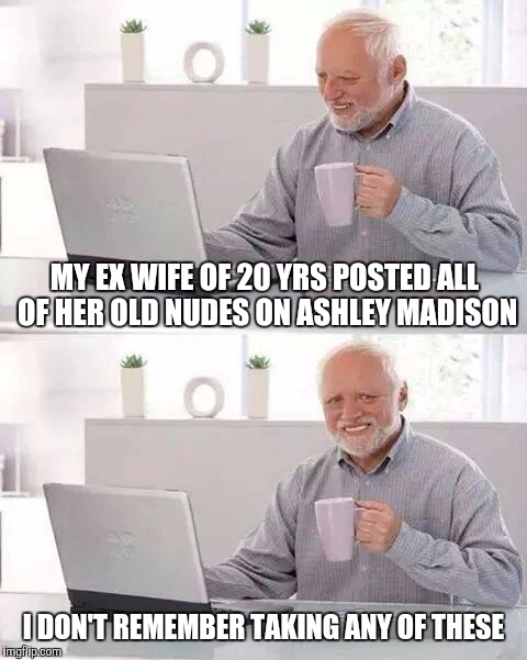 Hide the Pain Harold | MY EX WIFE OF 20 YRS POSTED ALL OF HER OLD NUDES ON ASHLEY MADISON; I DON'T REMEMBER TAKING ANY OF THESE | image tagged in memes,hide the pain harold | made w/ Imgflip meme maker