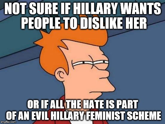 Futurama Fry | NOT SURE IF HILLARY WANTS PEOPLE TO DISLIKE HER; OR IF ALL THE HATE IS PART OF AN EVIL HILLARY FEMINIST SCHEME | image tagged in memes,futurama fry | made w/ Imgflip meme maker