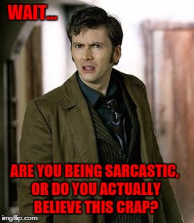 Doctor who really wants to know. | WAIT... ARE YOU BEING SARCASTIC, OR DO YOU ACTUALLY BELIEVE THIS CRAP? | image tagged in doctor who,sarcasm | made w/ Imgflip meme maker