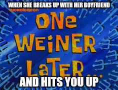 WHEN SHE BREAKS UP WITH HER BOYFRIEND; AND HITS YOU UP | image tagged in one weiner later | made w/ Imgflip meme maker