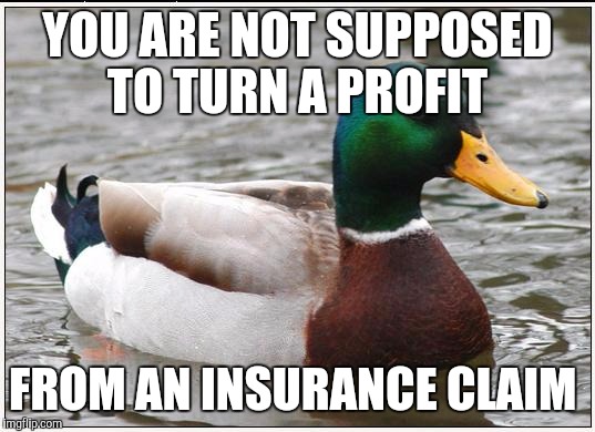 Actual Advice Mallard | YOU ARE NOT SUPPOSED TO TURN A PROFIT; FROM AN INSURANCE CLAIM | image tagged in memes,actual advice mallard | made w/ Imgflip meme maker