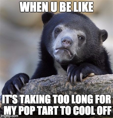 Confession Bear Meme | WHEN U BE LIKE; IT'S TAKING TOO LONG FOR MY POP TART TO COOL OFF | image tagged in memes,confession bear | made w/ Imgflip meme maker