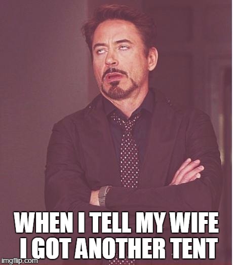 Face You Make Robert Downey Jr Meme | WHEN I TELL MY WIFE I GOT ANOTHER TENT | image tagged in memes,face you make robert downey jr | made w/ Imgflip meme maker