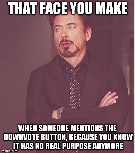 ...unless it takes your points away...? | THAT FACE YOU MAKE; WHEN SOMEONE MENTIONS THE DOWNVOTE BUTTON, BECAUSE YOU KNOW IT HAS NO REAL PURPOSE ANYMORE | image tagged in memes,face you make robert downey jr | made w/ Imgflip meme maker