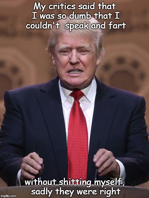 An old gag but oh so relevant | My critics said that I was so dumb that I couldn't  speak and fart; without shitting myself, sadly they were right | image tagged in donald trump,fuckwit | made w/ Imgflip meme maker