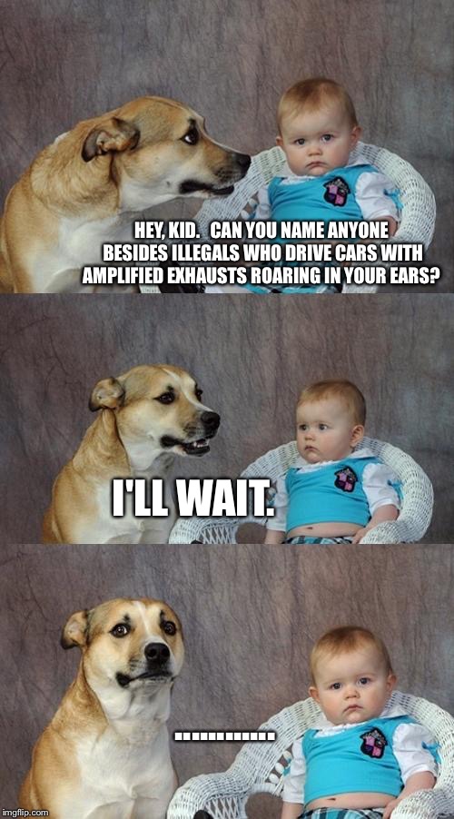 Really tired of this: | HEY, KID. 

CAN YOU NAME ANYONE BESIDES ILLEGALS WHO DRIVE CARS WITH AMPLIFIED EXHAUSTS ROARING IN YOUR EARS? I'LL WAIT. ............ | image tagged in memes,dad joke dog | made w/ Imgflip meme maker
