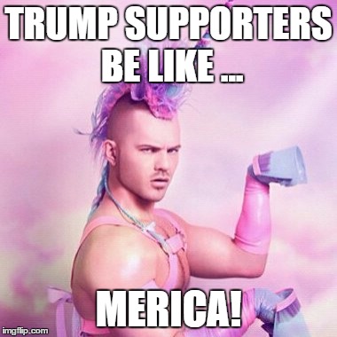 Unicorn MAN Meme | TRUMP SUPPORTERS BE LIKE ... MERICA! | image tagged in memes,unicorn man | made w/ Imgflip meme maker