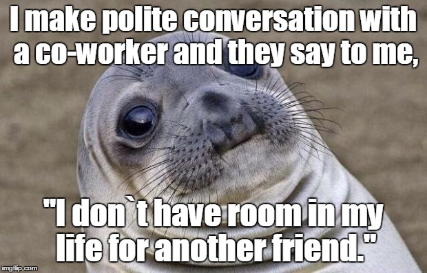 Awkward Moment Sealion | I make polite conversation with a co-worker and they say to me, "I don`t have room in my life for another friend." | image tagged in memes,awkward moment sealion | made w/ Imgflip meme maker