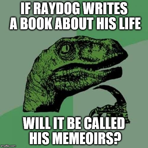 Philosoraptor | IF RAYDOG WRITES A BOOK ABOUT HIS LIFE; WILL IT BE CALLED HIS MEMEOIRS? | image tagged in memes,philosoraptor | made w/ Imgflip meme maker