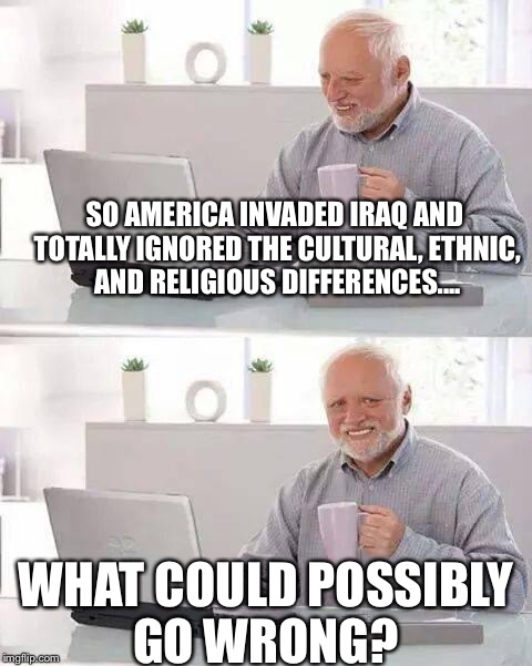 Nobody said it with this meme yet?  | SO AMERICA INVADED IRAQ AND TOTALLY IGNORED THE CULTURAL, ETHNIC, AND RELIGIOUS DIFFERENCES.... WHAT COULD POSSIBLY GO WRONG? | image tagged in memes,hide the pain harold | made w/ Imgflip meme maker
