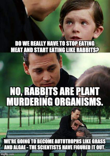 Finding Neverland Meme | DO WE REALLY HAVE TO STOP EATING MEAT AND START EATING LIKE RABBITS? NO, RABBITS ARE PLANT MURDERING ORGANISMS. WE'RE GOING TO BECOME AUTOTROPHS LIKE GRASS AND ALGAE - THE SCIENTISTS HAVE FIGURED IT OUT. | image tagged in memes,finding neverland | made w/ Imgflip meme maker