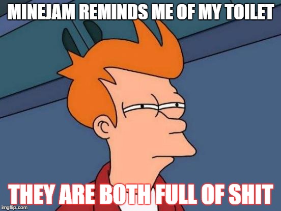Futurama Fry | MINEJAM REMINDS ME OF MY TOILET; THEY ARE BOTH FULL OF SHIT | image tagged in memes,futurama fry | made w/ Imgflip meme maker