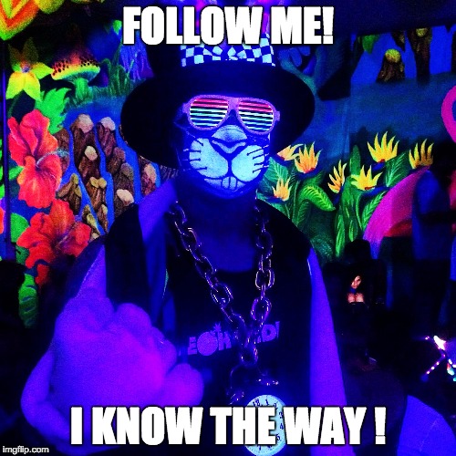 Follow Me | FOLLOW ME! I KNOW THE WAY ! | image tagged in alice in wonderland,3d,blacklight art,debicable3d | made w/ Imgflip meme maker