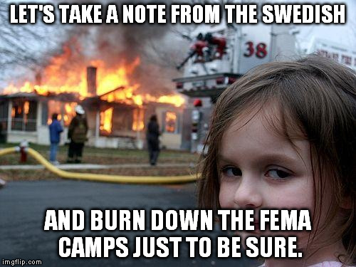 Disaster Girl Meme | LET'S TAKE A NOTE FROM THE SWEDISH AND BURN DOWN THE FEMA CAMPS JUST TO BE SURE. | image tagged in memes,disaster girl | made w/ Imgflip meme maker