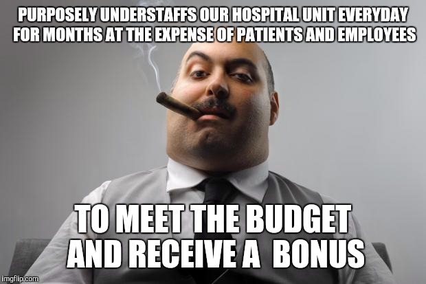 Scumbag Boss Meme | PURPOSELY UNDERSTAFFS OUR HOSPITAL UNIT EVERYDAY FOR MONTHS AT THE EXPENSE OF PATIENTS AND EMPLOYEES; TO MEET THE BUDGET AND RECEIVE A  BONUS | image tagged in memes,scumbag boss,AdviceAnimals | made w/ Imgflip meme maker