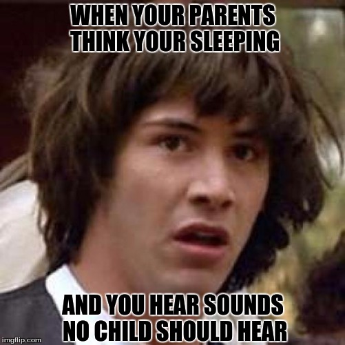 Conspiracy Keanu Meme | WHEN YOUR PARENTS THINK YOUR SLEEPING; AND YOU HEAR SOUNDS NO CHILD SHOULD HEAR | image tagged in memes,conspiracy keanu | made w/ Imgflip meme maker