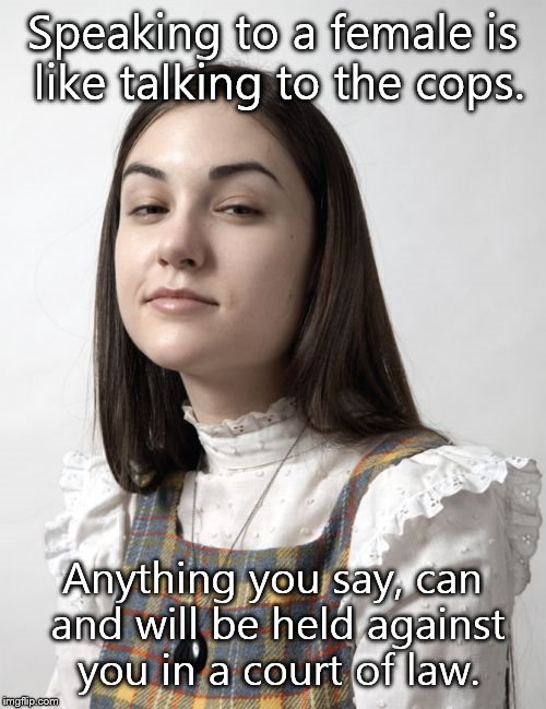 Innocent Sasha |  Speaking to a female is like talking to the cops. Anything you say, can and will be held against you in a court of law. | image tagged in memes,innocent sasha | made w/ Imgflip meme maker