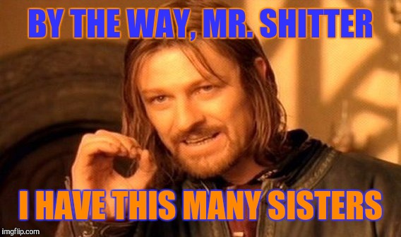 One Does Not Simply Meme | BY THE WAY, MR. SHITTER I HAVE THIS MANY SISTERS | image tagged in memes,one does not simply | made w/ Imgflip meme maker