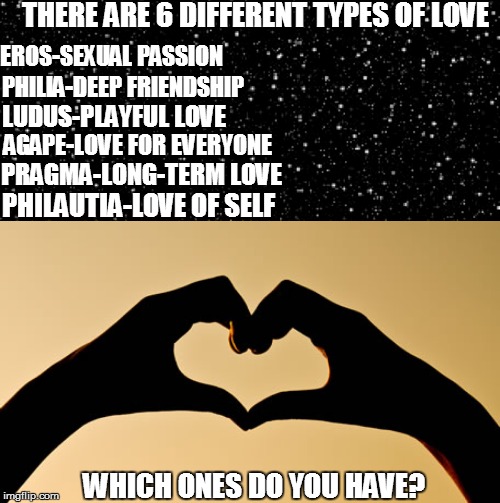 6 types of love | THERE ARE 6 DIFFERENT TYPES OF LOVE; EROS-SEXUAL PASSION; PHILIA-DEEP FRIENDSHIP; LUDUS-PLAYFUL LOVE; AGAPE-LOVE FOR EVERYONE; PRAGMA-LONG-TERM LOVE; PHILAUTIA-LOVE OF SELF; WHICH ONES DO YOU HAVE? | image tagged in love,valentine's day | made w/ Imgflip meme maker