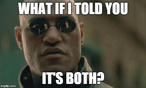 Matrix Morpheus Meme | WHAT IF I TOLD YOU IT'S BOTH? | image tagged in memes,matrix morpheus | made w/ Imgflip meme maker