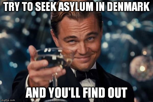 Leonardo Dicaprio Cheers Meme | TRY TO SEEK ASYLUM IN DENMARK AND YOU'LL FIND OUT | image tagged in memes,leonardo dicaprio cheers | made w/ Imgflip meme maker