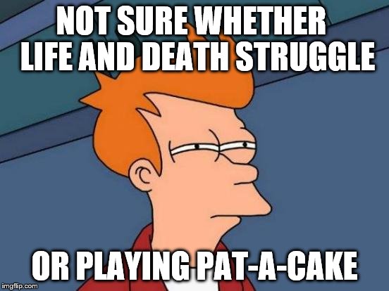 Futurama Fry Meme | NOT SURE WHETHER  LIFE AND DEATH STRUGGLE OR PLAYING PAT-A-CAKE | image tagged in memes,futurama fry | made w/ Imgflip meme maker