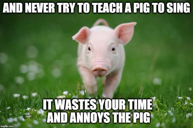 piglet | AND NEVER TRY TO TEACH A PIG TO SING IT WASTES YOUR TIME AND ANNOYS THE PIG | image tagged in piglet | made w/ Imgflip meme maker