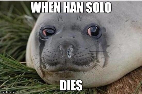 When you are watching Star Wars The Force Awakens. | WHEN HAN SOLO; DIES | image tagged in crying seal | made w/ Imgflip meme maker