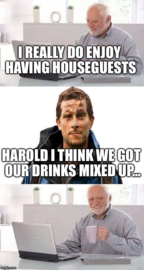 We've replaced Harold's regular coffee... | I REALLY DO ENJOY HAVING HOUSEGUESTS; HAROLD I THINK WE GOT OUR DRINKS MIXED UP… | image tagged in piss,bear grylls,houseguest,hide the pain harold,funny,funny memes | made w/ Imgflip meme maker