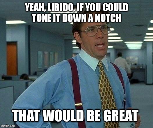That Would Be Great | YEAH, LIBIDO, IF YOU COULD TONE IT DOWN A NOTCH; THAT WOULD BE GREAT | image tagged in memes,that would be great | made w/ Imgflip meme maker