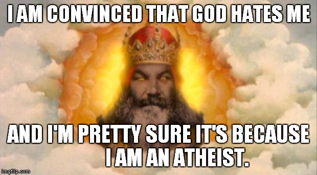 monty python god | I AM CONVINCED THAT GOD HATES ME; AND I'M PRETTY SURE IT'S BECAUSE         I AM AN ATHEIST. | image tagged in monty python god | made w/ Imgflip meme maker