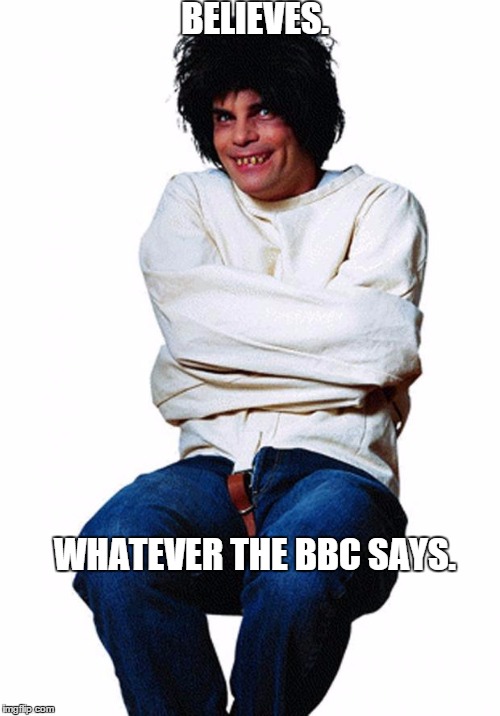 Crazy man | BELIEVES. WHATEVER THE BBC SAYS. | image tagged in crazy man | made w/ Imgflip meme maker