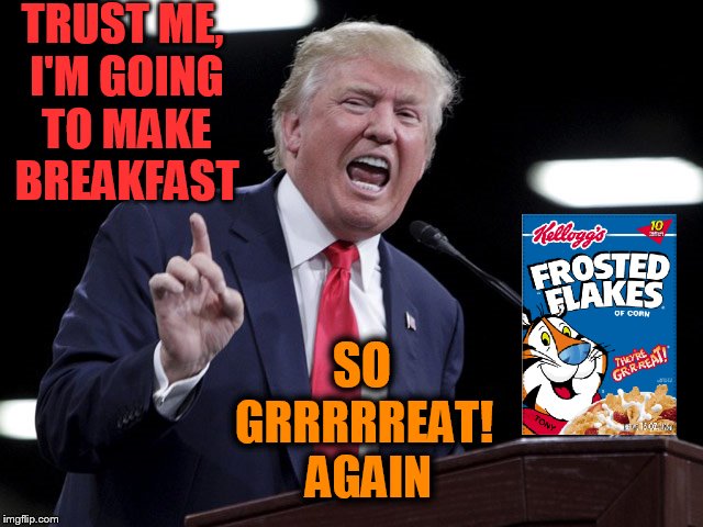 Hey Carly, be a good girl and fetch me some milk willya... | TRUST ME, I'M GOING TO MAKE BREAKFAST; SO; GRRRRREAT! AGAIN | image tagged in memes,funny,donald trump,flake,that would be great | made w/ Imgflip meme maker