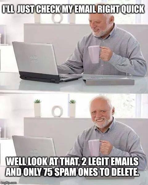Hide the Pain Harold Meme | I'LL  JUST CHECK MY EMAIL RIGHT QUICK; WELL LOOK AT THAT, 2 LEGIT EMAILS AND ONLY 75 SPAM ONES TO DELETE. | image tagged in memes,hide the pain harold | made w/ Imgflip meme maker