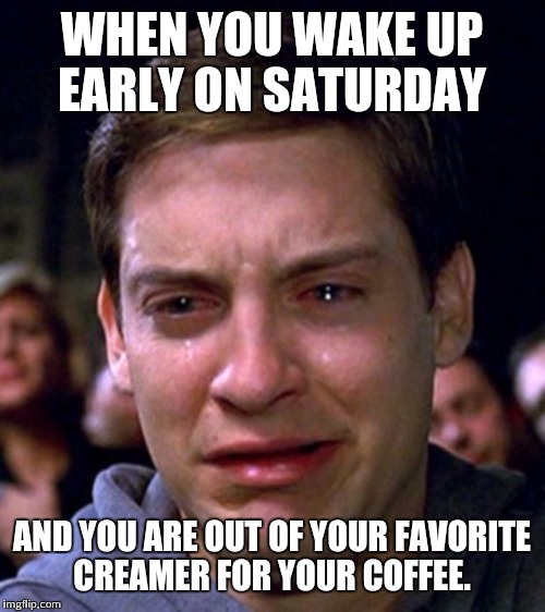 crying peter parker | WHEN YOU WAKE UP EARLY ON SATURDAY; AND YOU ARE OUT OF YOUR FAVORITE CREAMER FOR YOUR COFFEE. | image tagged in crying peter parker,coffee addict | made w/ Imgflip meme maker