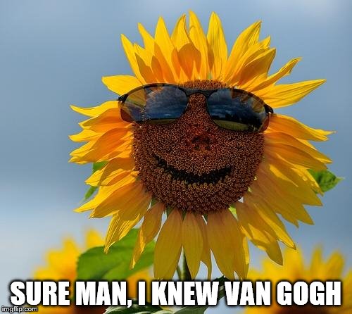 He called him Vinny. Had to shout though... | SURE MAN, I KNEW VAN GOGH | image tagged in cool sunflower,memes,van gogh,art,vincent van gogh | made w/ Imgflip meme maker