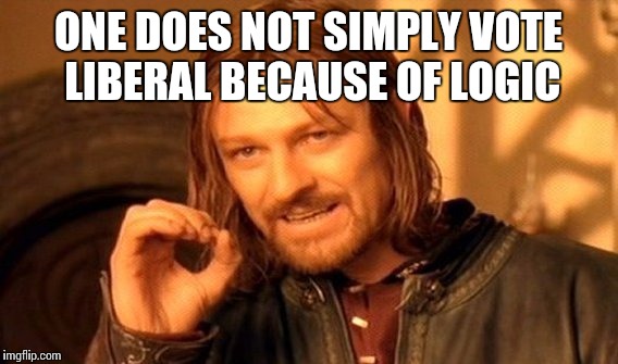 One Does Not Simply | ONE DOES NOT SIMPLY VOTE LIBERAL BECAUSE OF LOGIC | image tagged in memes,one does not simply | made w/ Imgflip meme maker