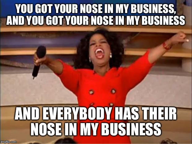 Oprah You Get A Meme | YOU GOT YOUR NOSE IN MY BUSINESS, AND YOU GOT YOUR NOSE IN MY BUSINESS AND EVERYBODY HAS THEIR NOSE IN MY BUSINESS | image tagged in memes,oprah you get a | made w/ Imgflip meme maker