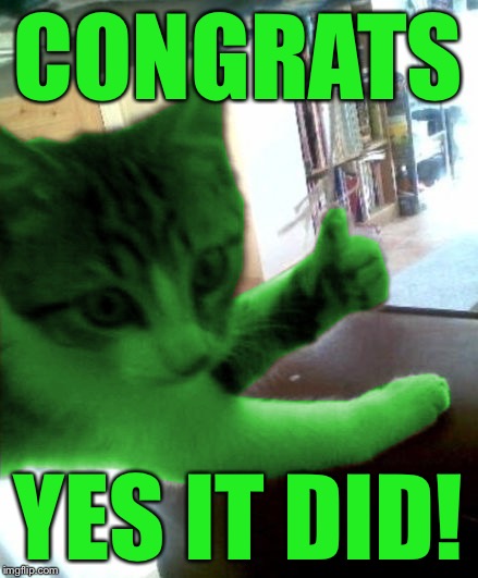 thumbs up RayCat | CONGRATS YES IT DID! | image tagged in thumbs up raycat | made w/ Imgflip meme maker