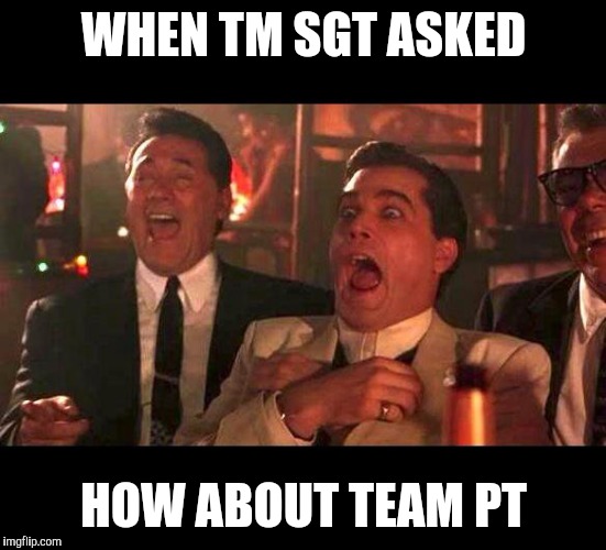goodfellas laughing | WHEN TM SGT ASKED; HOW ABOUT TEAM PT | image tagged in goodfellas laughing | made w/ Imgflip meme maker