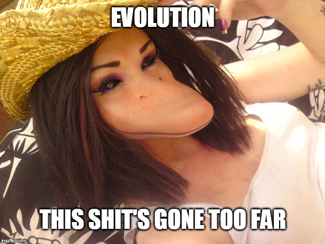 Too Far | EVOLUTION; THIS SHIT'S GONE TOO FAR | image tagged in duckface | made w/ Imgflip meme maker