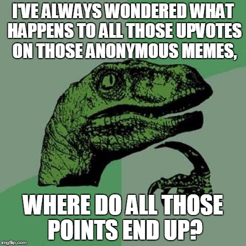 Philosoraptor Meme | I'VE ALWAYS WONDERED WHAT HAPPENS TO ALL THOSE UPVOTES ON THOSE ANONYMOUS MEMES, WHERE DO ALL THOSE POINTS END UP? | image tagged in memes,philosoraptor | made w/ Imgflip meme maker