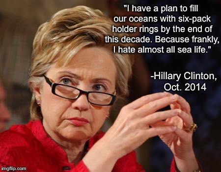 Hillary Clinton |  "I have a plan to fill our oceans with six-pack holder rings by the end of this decade. Because frankly, I hate almost all sea life."; -Hillary Clinton, Oct. 2014 | image tagged in hillary clinton | made w/ Imgflip meme maker