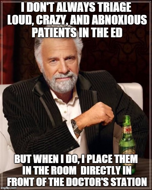 The Most Interesting Man In The World | I DON'T ALWAYS TRIAGE LOUD, CRAZY, AND ABNOXIOUS PATIENTS IN THE ED; BUT WHEN I DO, I PLACE THEM IN THE ROOM  DIRECTLY IN FRONT OF THE DOCTOR'S STATION | image tagged in memes,the most interesting man in the world | made w/ Imgflip meme maker
