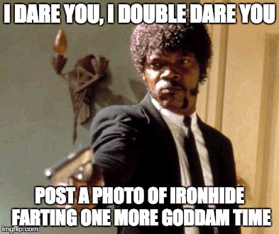 Say That Again I Dare You Meme | I DARE YOU, I DOUBLE DARE YOU; POST A PHOTO OF IRONHIDE FARTING ONE MORE GODDAM TIME | image tagged in memes,say that again i dare you | made w/ Imgflip meme maker