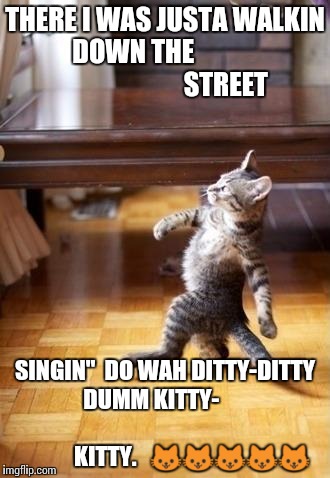 Cool Cat Stroll | THERE I WAS JUSTA WALKIN DOWN THE 
                                  STREET; SINGIN"  DO WAH DITTY-DITTY DUMM KITTY-
                                           KITTY.   🐱🐱🐱🐱🐱 | image tagged in memes,cool cat stroll | made w/ Imgflip meme maker